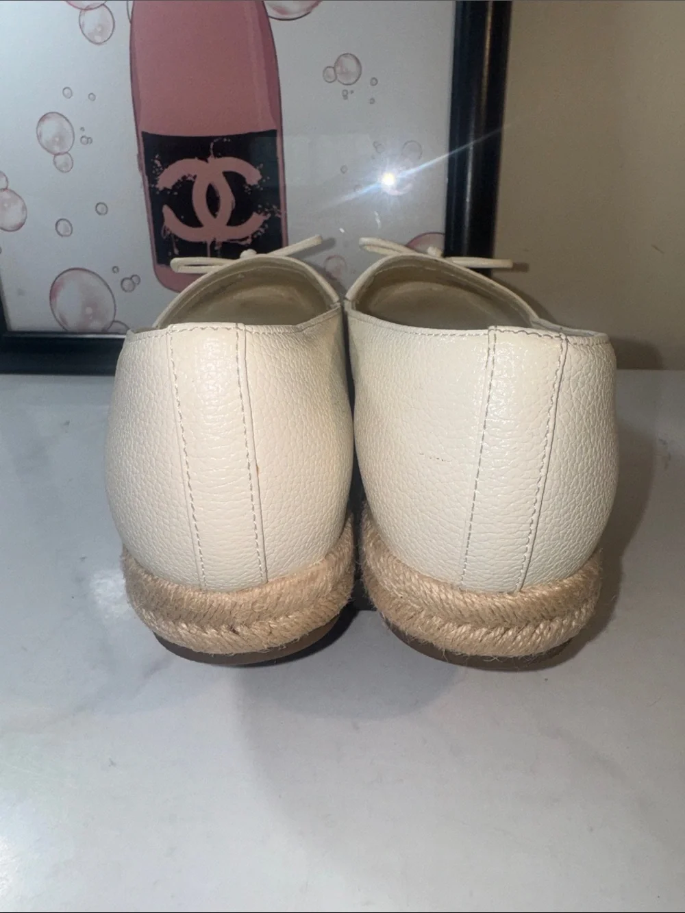 Guess Cream Leather Espadrille Loafers with Gold Guess Charm - Women’s Size 9.5M